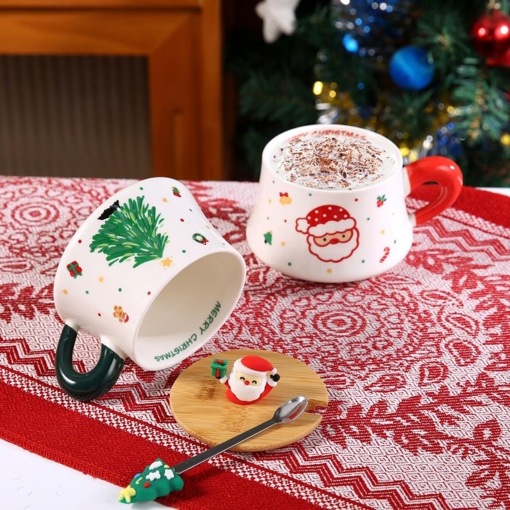 Новые рождественские керамические кружки Снеговик Деревянная крышка Чашка Набор с ложкой Упаковка в подарочную коробку с елочкой Кружки для кофе с брызгами Праздничный сезон