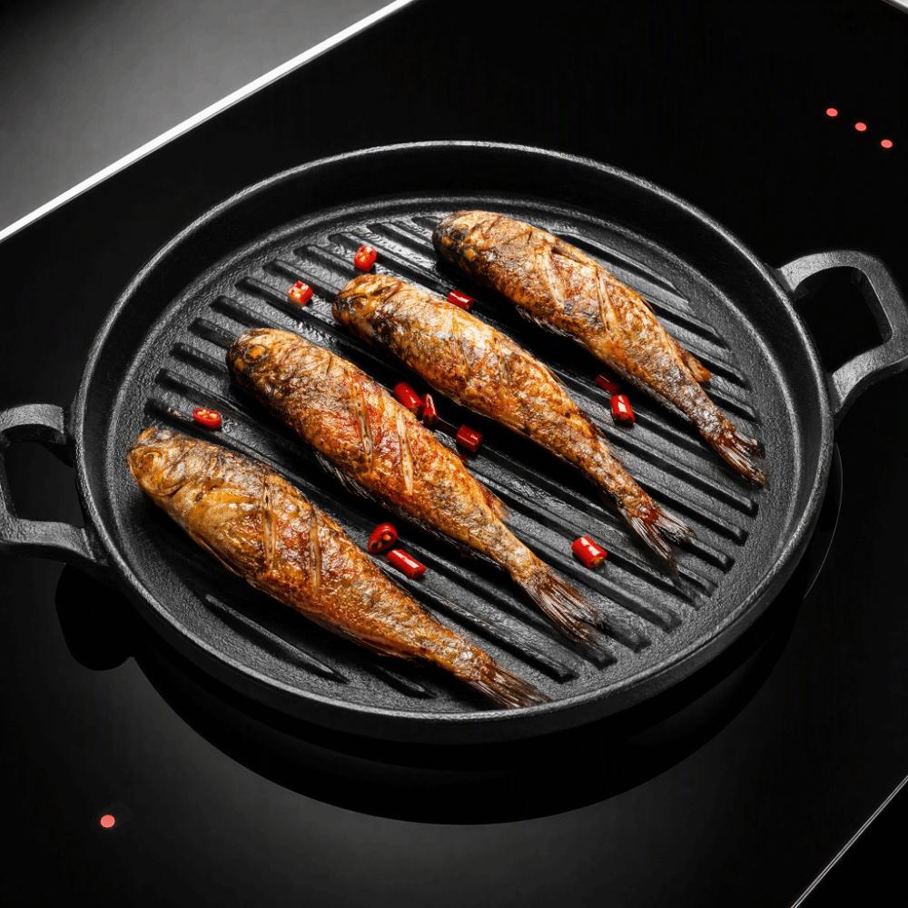 Cast Iron Steak Frying Pan Round Flat Bottom Stovetop Griddle Barbecue Pan Home Kitchen Cooking