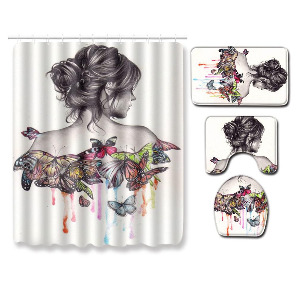 African Woman Digital Printing Creative Shower Curtain Floor Mat Set Bathroom Carpet