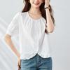 Round-neck White Shirt for Women In Five-quarter Sleeve Summer New Style Wood Ear Design Top Pure Cotton Shirt