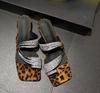 Fashion Leopard Women High Heels Slippers Crystal Square Toe Heeled Sandals Summer Clip Toe Shoes 2025 Fashion New Dress Party Pumps