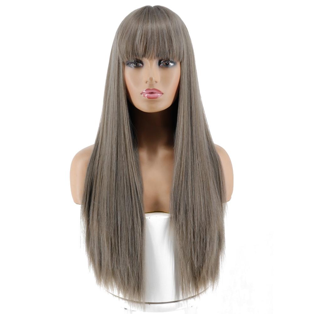 MISS WIG Длинный прямой парик Косплей Черный Серый Парик для женщин с челкой Парик из синтетического высокотемпературного волокна