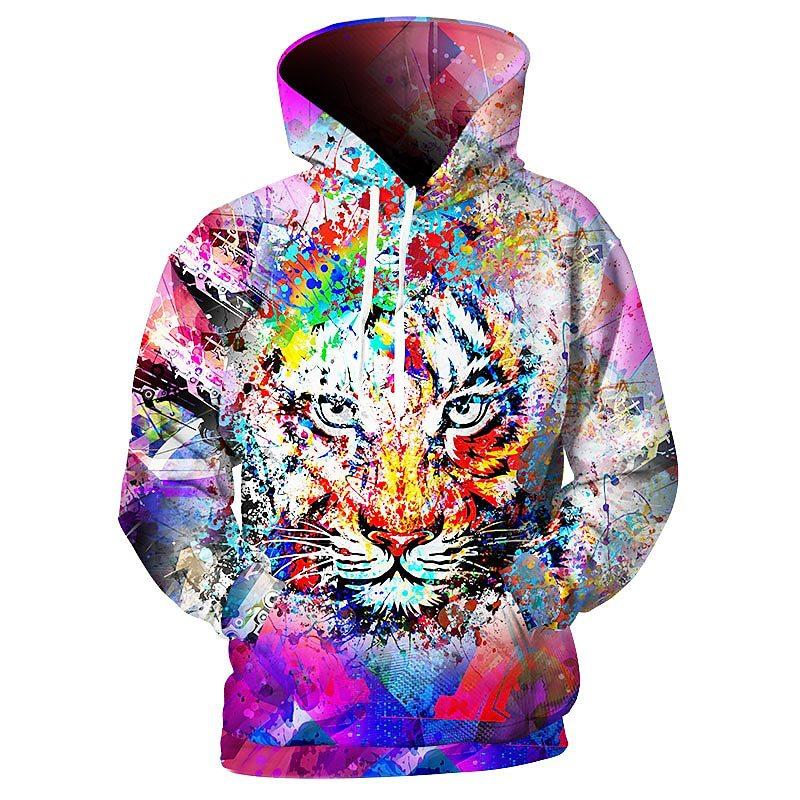 Colorful Animal Graffiti 3D Digital Printing Men's Personalized Trendy Hooded Sweatshirt