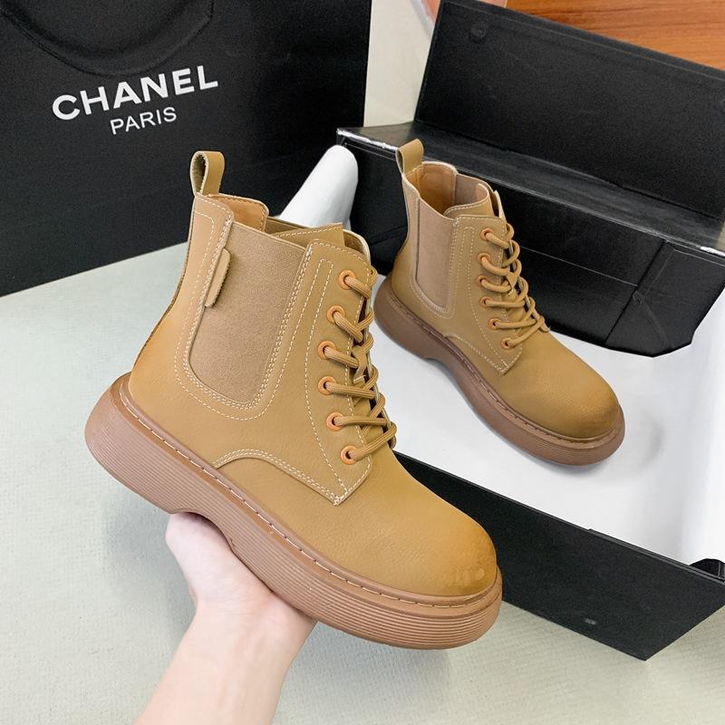 Fashion Women Ankle Boots Platform Leather Boots Side Lace-up Round Toe Winter Ladies Warm Shoes Retro Motorcycle Botas Mujer