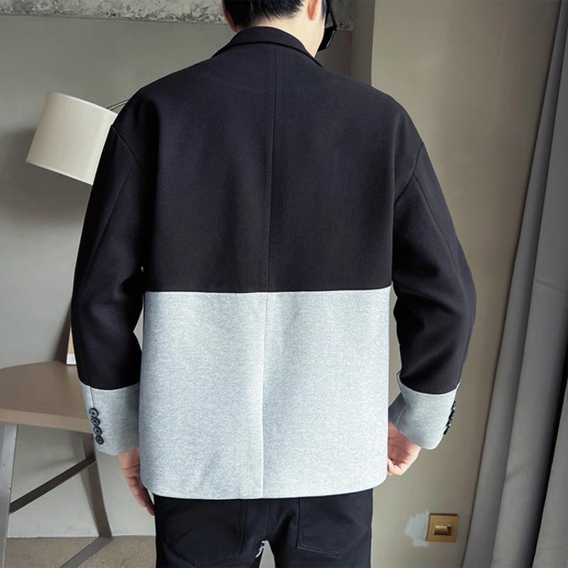 Корейский 2024 Осень Зима Новый Мужской Лоскутный Костюм Воротник на Пуговицах Карман Модный Свободный Минималистичный Повседневный Блейзер с Длинным Рукавом
