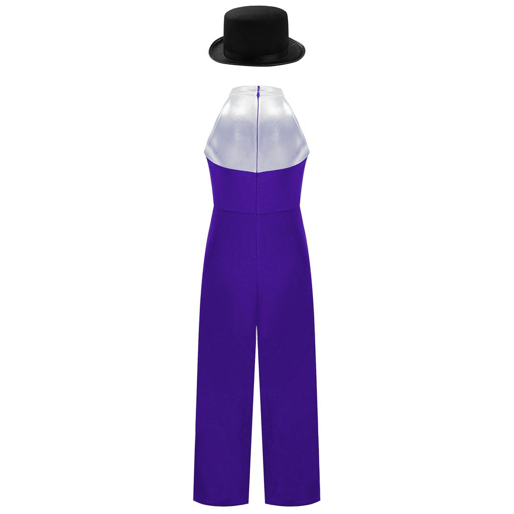 Девочки Джазовый Танцевальный Костюм Металлический Пэчворк Комбинезон Стразы Цветные Блоки Без Рукавов Боди Фетровая Цилиндр