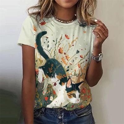 Футболка с рисунком цветов и листьев для женщин, мультяшный кот с 3D-принтом, короткие рукава, летняя футболка для отдыха, топы с круглым вырезом, футболки
