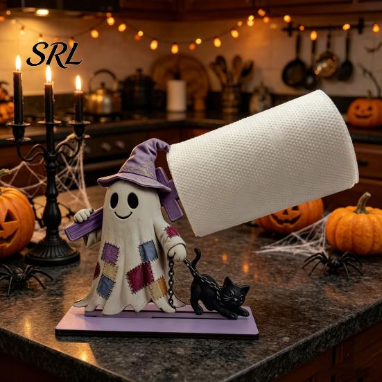 Wooden Roll Paper Stand Halloween Towel Holder, Cute Patchwork Ghost Napkin Stand, Holiday Home Accents Rustic Dispenser for Kitchen Dining