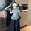 Women Fashion Slim Basic Ruffle Patchwork Long Sleeve T-Shirt Spring Autumn Winter Thickened Crew Neck Pullovers