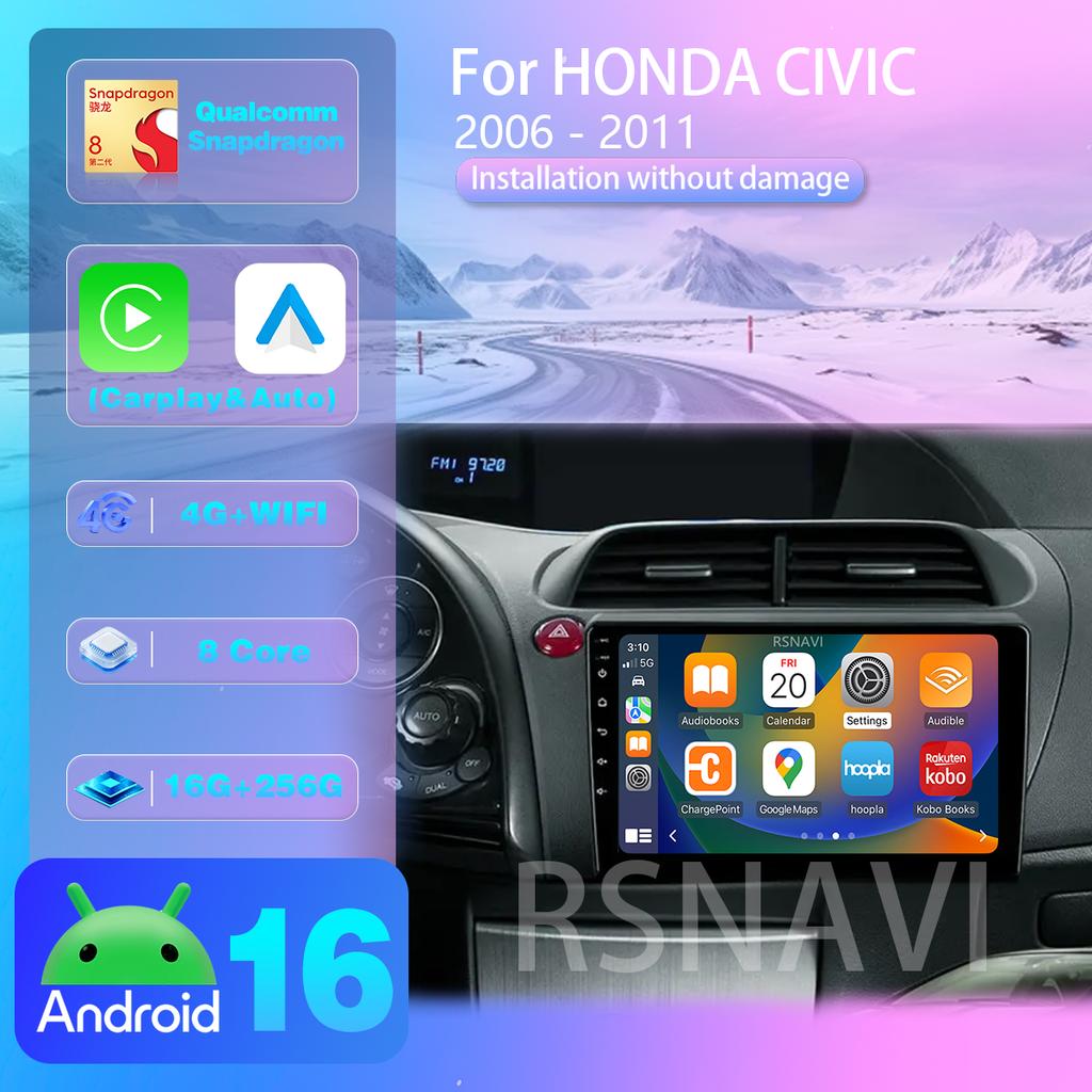Autoradio Android 16 Carplay Auto GPS Navigation Lecteur multimédia pour Honda Civic Hatchback 2006 - 2011 vidéo Stéréo Qualcomm
