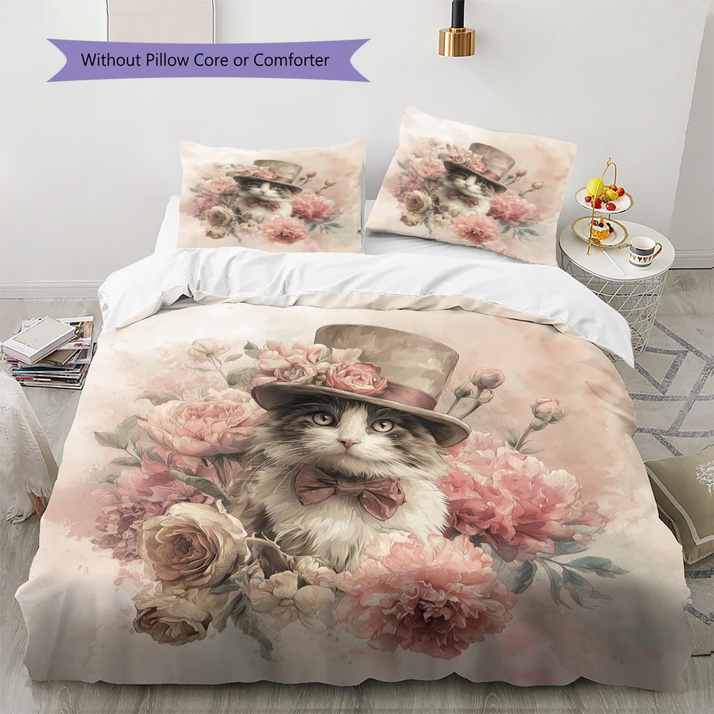 Cat with Vintage Hat Pattern Bedding Quilt Set Home Decoration Gift (1 * duvet cover + 2 * pillowcase, without core)
