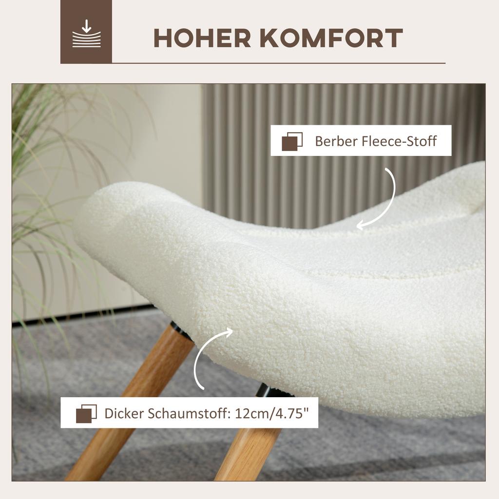 Fleece-Covered Footstool, Wooden Legs, Padded, Cream White