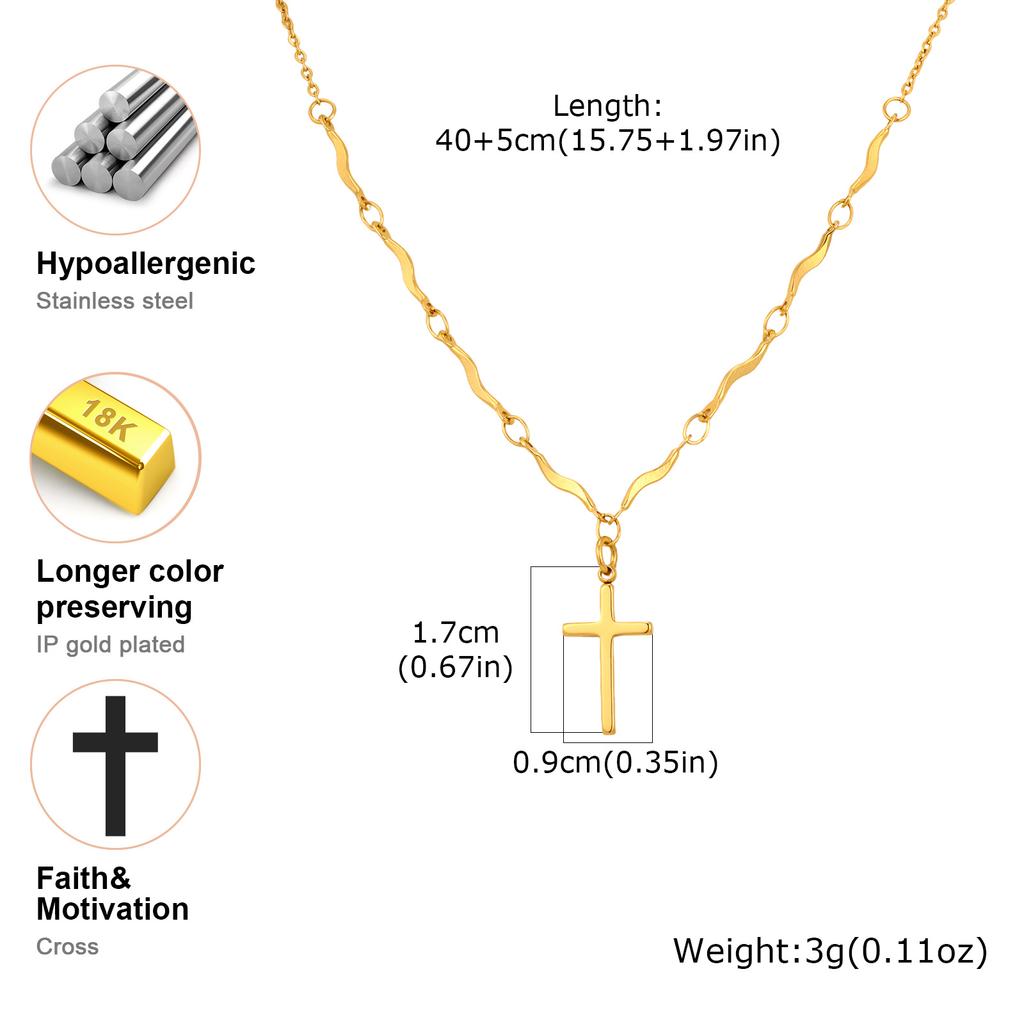 Minimalist Stainless Steel Cross Pendant Necklace, Non-fading Gold Plated Wave Chain Charm Necklace, Exquisite Jewelry for Women