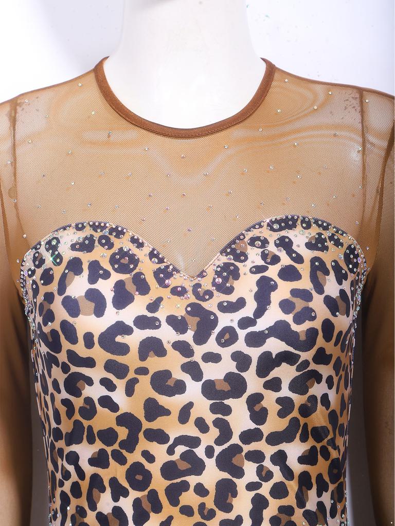 Женский леопардовый боди-купальник для Хэллоуина, латиноамериканских танцев, с сетчатым рукавом, стразами на спине, вырезом-замочной скважиной, бахромой по подолу, застежкой внизу