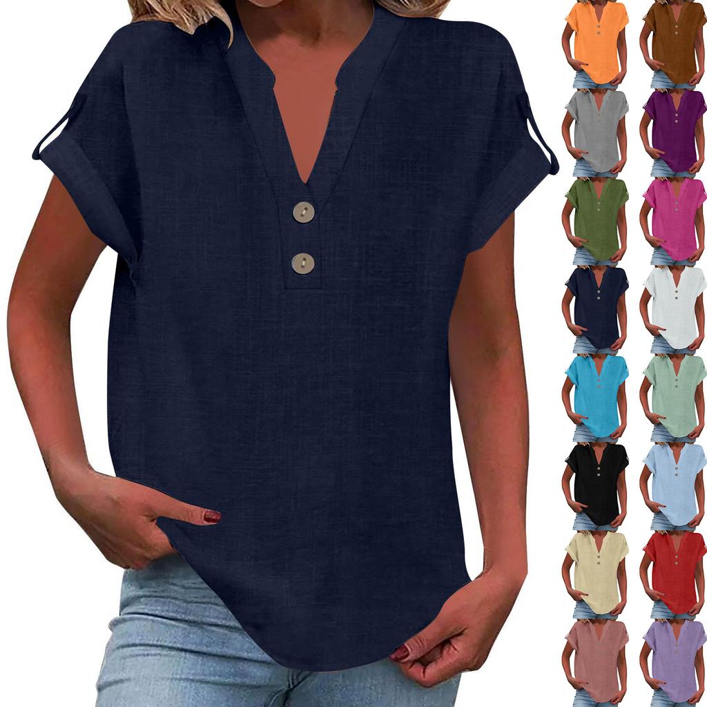 Women's Fashion Casual Solid Colour V-Neck Short Sleeve Button Down Shirt T-Shirt Top