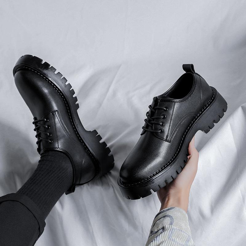 Весенние и осенние черные мужские туфли, универсальные трендовые мужские туфли на платформе, повседневные маленькие кожаные туфли 68303-R