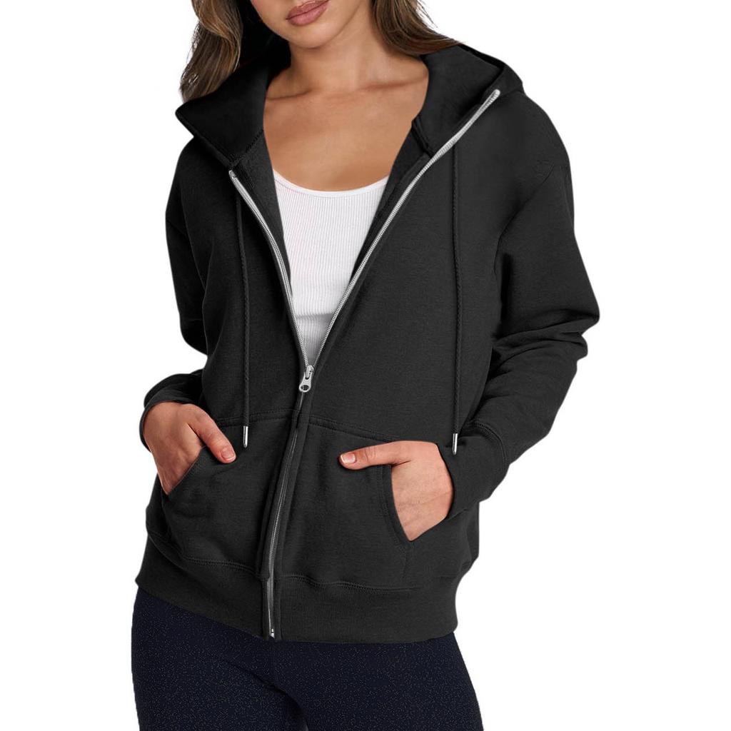 Women's Casual Fashion Solid Color Long Sleeved Zippered Hooded Sweatshirt