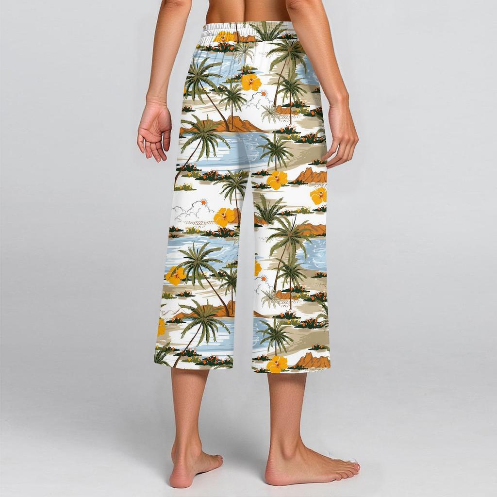 Женские летние повседневные спортивные брюки с высокой талией и принтом, укороченные брюки свободного покроя