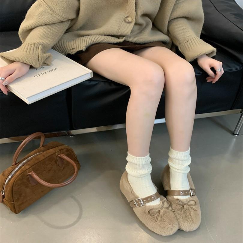 2025 осень и зима удобные универсальные туфли из хлопка с круглым носком и мягкой подошвой, с бантом, ремешком с пряжкой, на плоской подошве, пушистые туфли