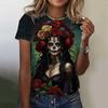 Summer Round Neck 3D Rose Skull Pattern Printed Top Fashionable Casual Short Sleeved Women's T-shirts