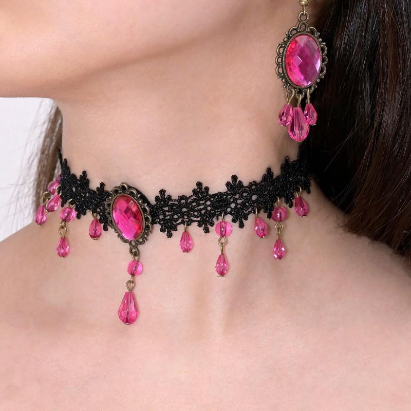 1 комплект серег-подвесок с кисточками из страз в темном готическом стиле и ожерелье, винтажные богемные кружевные серьги-подвески на цепочке