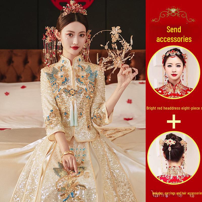 Xiuhefu 2025 Elegant Chinese Bridal Champagne Dress - Summer Dragon & Phoenix Kimono Gown