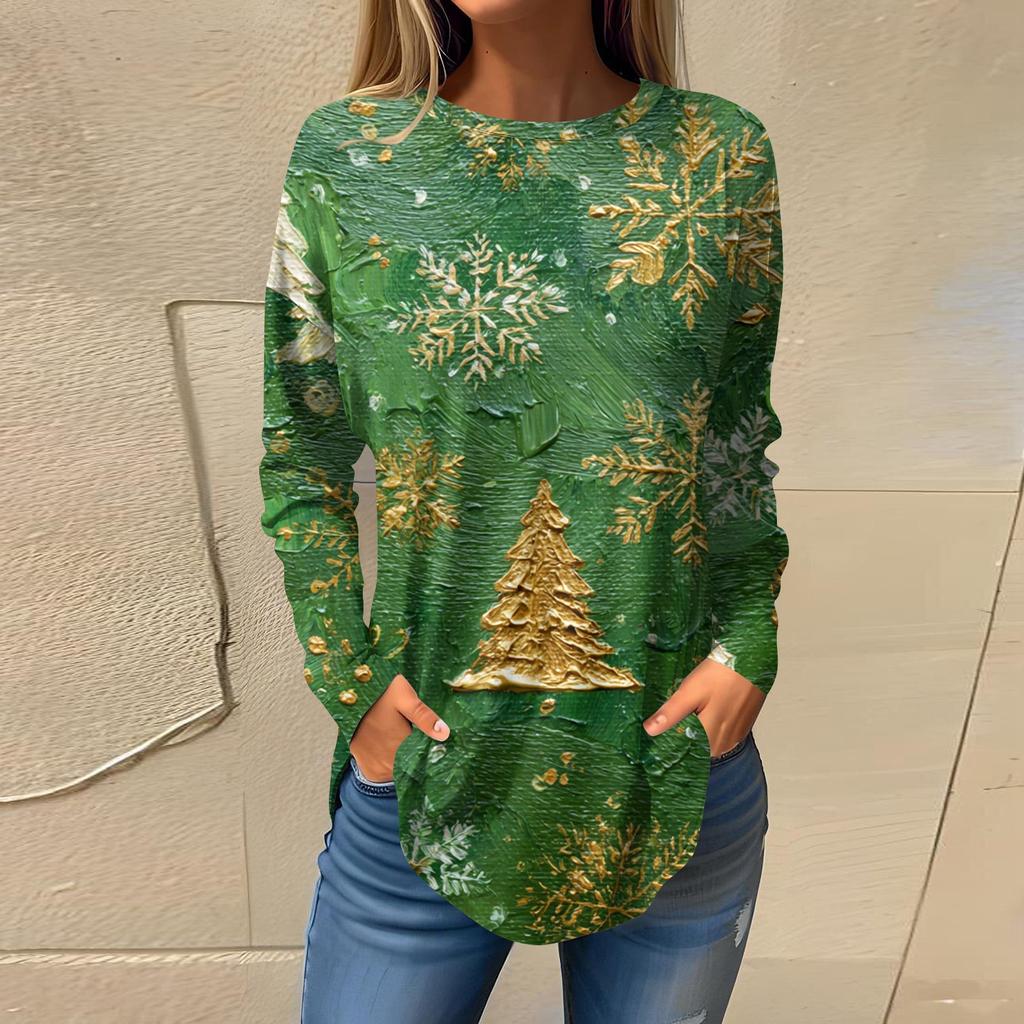 Tee Shirts For Women Casual Round Neck Long Sleeve Shirts Christmas Printing Top Pullover