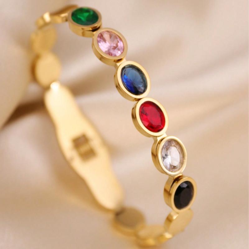 1 шт. Модный повседневный браслет из нержавеющей стали с цветными драгоценными камнями для женщин, Романтический подарок на праздник/годовщину, Подходит для повседневной носки