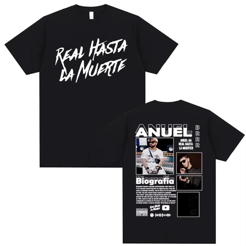 Футболка с принтом рэпера Anuel AA Real Hasta La Muerte Мужская Мода Хип-Хоп Оверсайз Футболка Мужчины Женщины Круглый Вырез Свободные Футболки