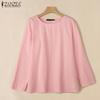 ZANZEA Женские хлопковые однотонные блузки с круглым вырезом и длинным рукавом