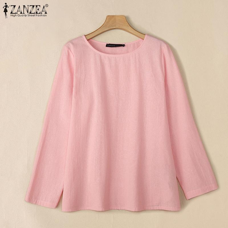 ZANZEA Женские хлопковые однотонные блузки с круглым вырезом и длинным рукавом