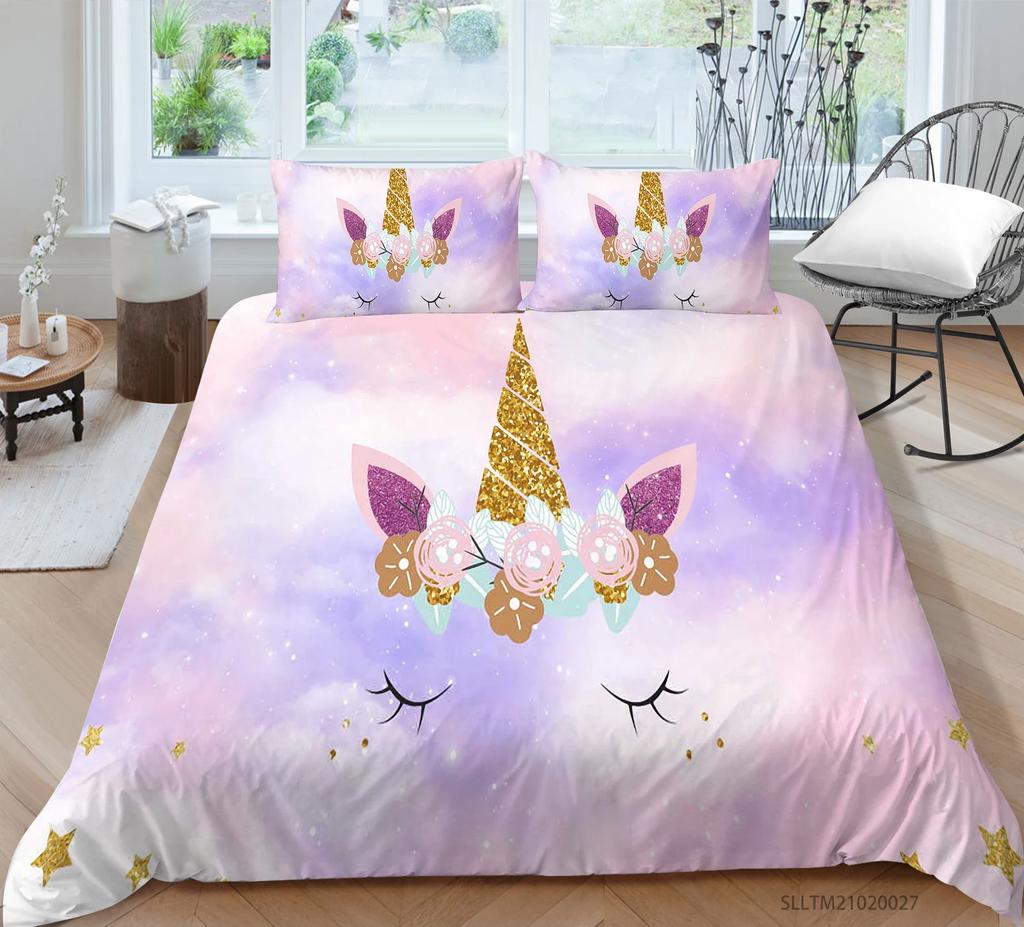 Pink Unicorn Flowers Duvet Cover Set King Queen Double Size Polyester Comforter Cover With Pillowcase For Kids Girls Bedding Set
