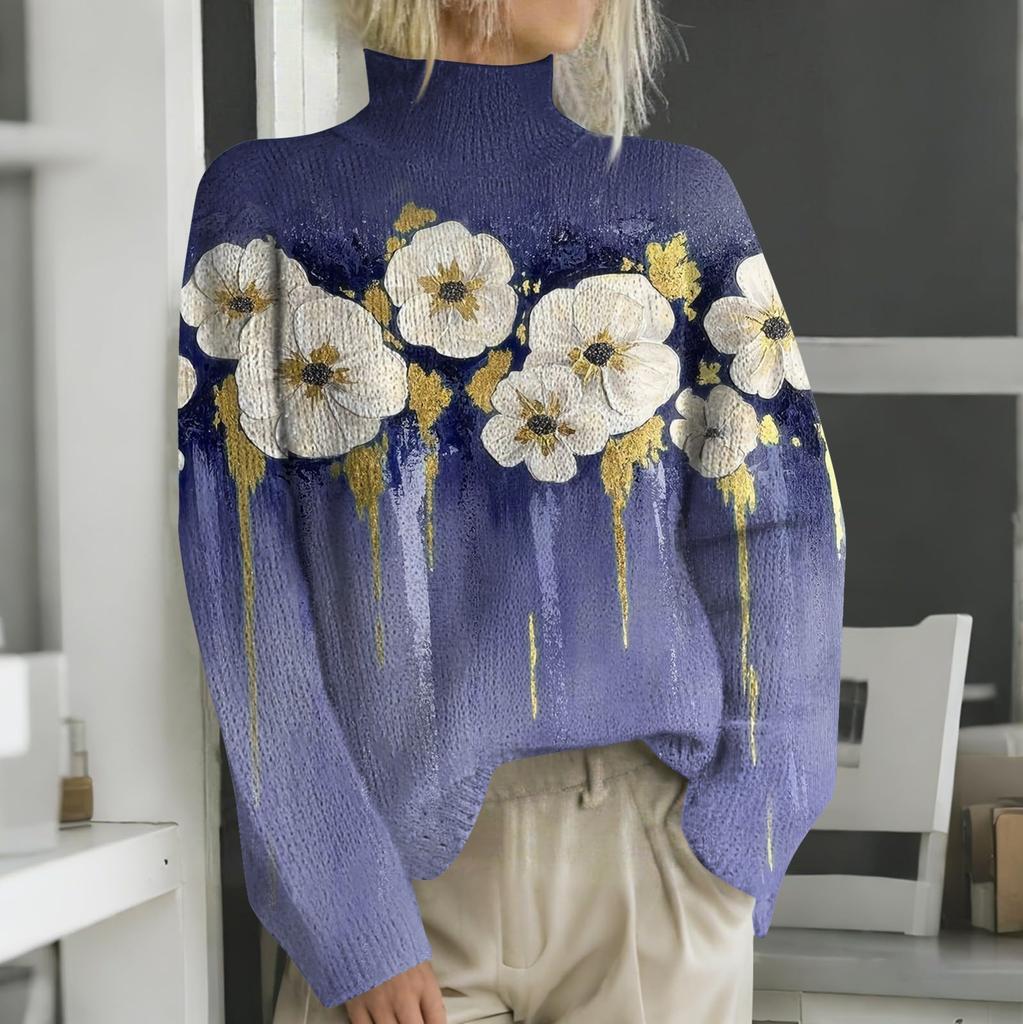 Женская мода повседневная с длинным рукавом и принтом, с высоким воротом, шерстяной трикотаж