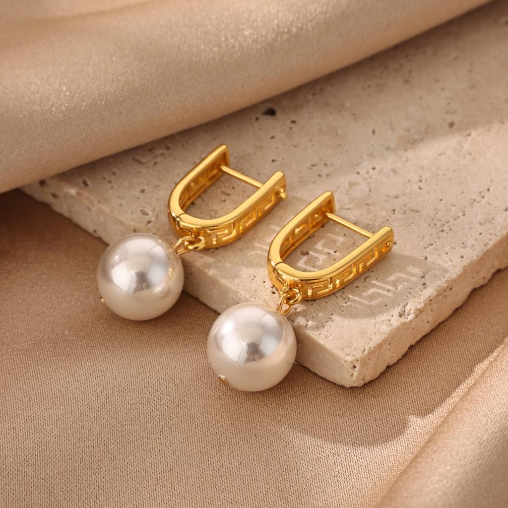 Imitation‑Pearl Star‑Pendant Women Earrings, 18K Gold‑Plated Copper Versatile Temperament Ear Jewelry