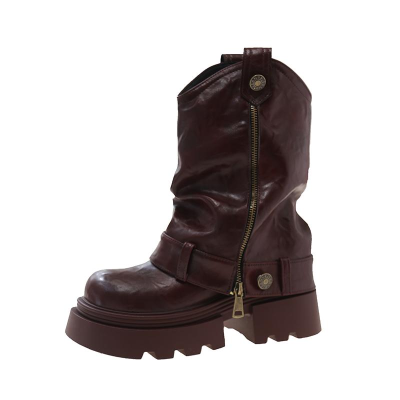 Женские высокие сапоги на платформе, челси, толстый каблук, короткие плюшевые зимние ботинки до середины голени, зимние трендовые кожаные ботинки на молнии в готическом стиле 2025 года
