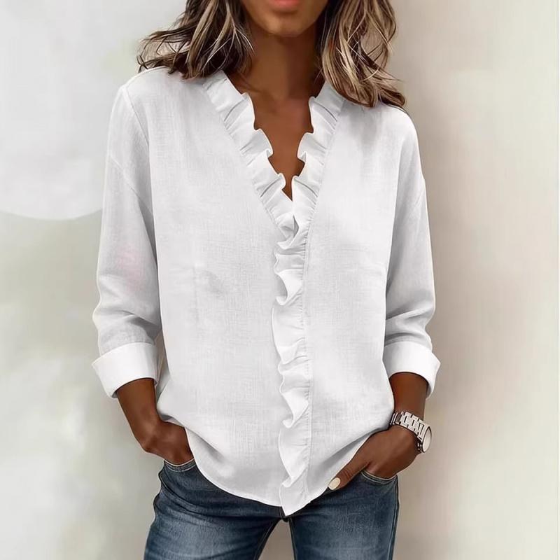 2026 Spring New Women's Ruffled Long-Sleeve Casual Solid Color Shirt