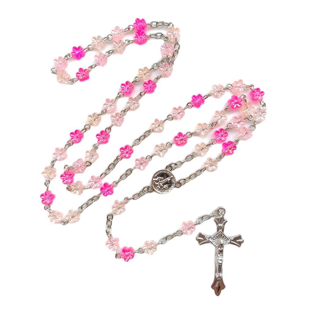 Catholic Flower Beads Rosary Necklace Crosses Religious Chain Church Prayer Pendants Jewelry for Womens Baptisms Gift