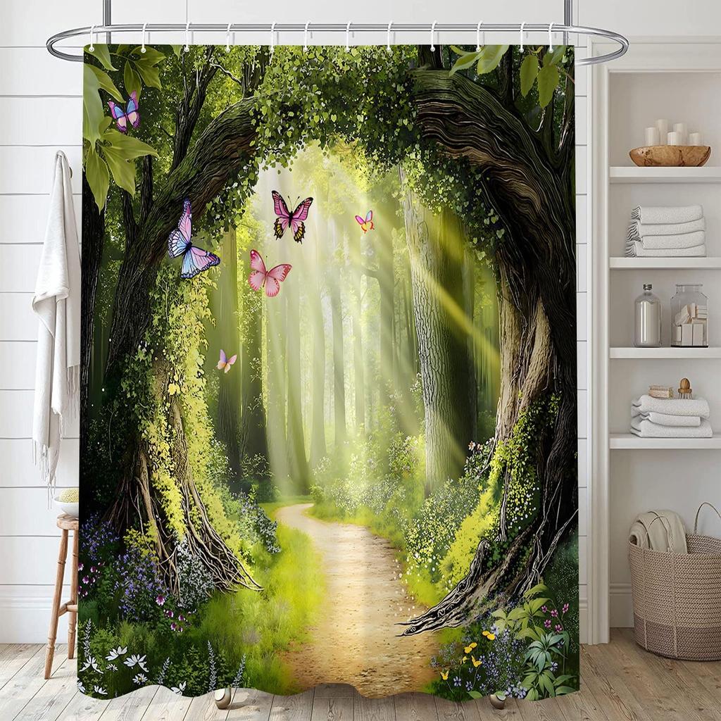 Enchanted Forest Shower Curtain Fantasy Green Nature Tree Floral Butterfly Fairytale Wonderland Jungle Rainforest Natural