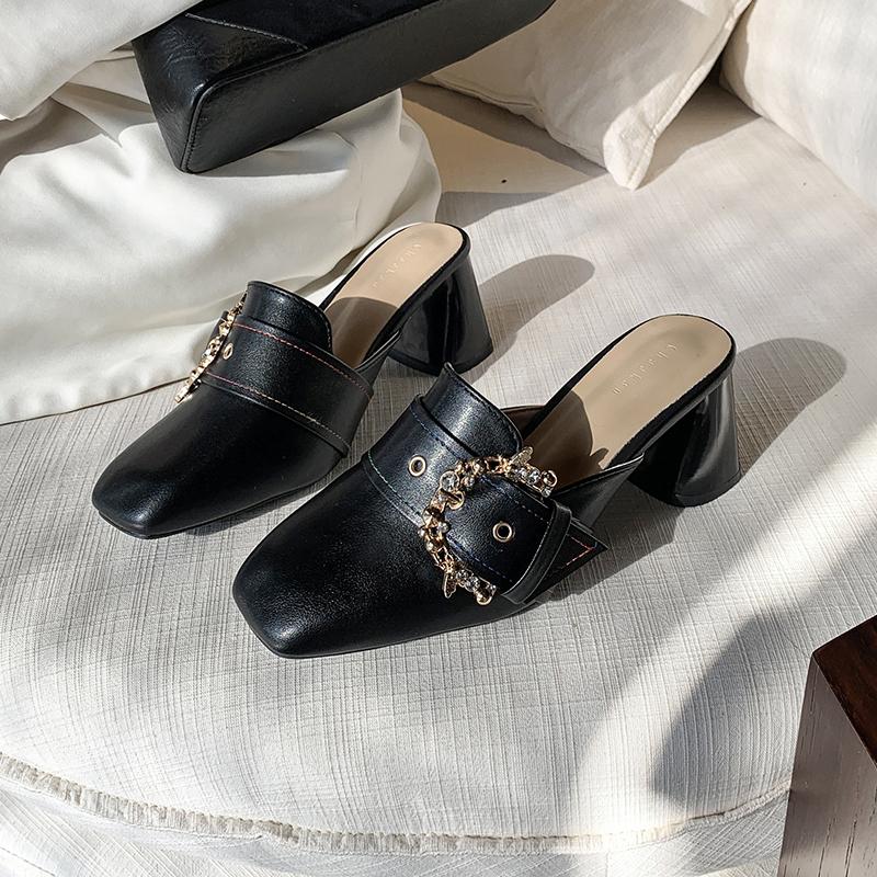 Fashion Baotou High Heels Summer New Square Head Rivets Metal Buckle Set Foot Anti-slip Wear-resistant Thick Heel Shoes