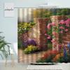 Garden Park Scenery Shower Curtain Rustic Retro Red Brick Wall Flowers Green Plants Trees Oil Painting Waterproof Bathroom Decor