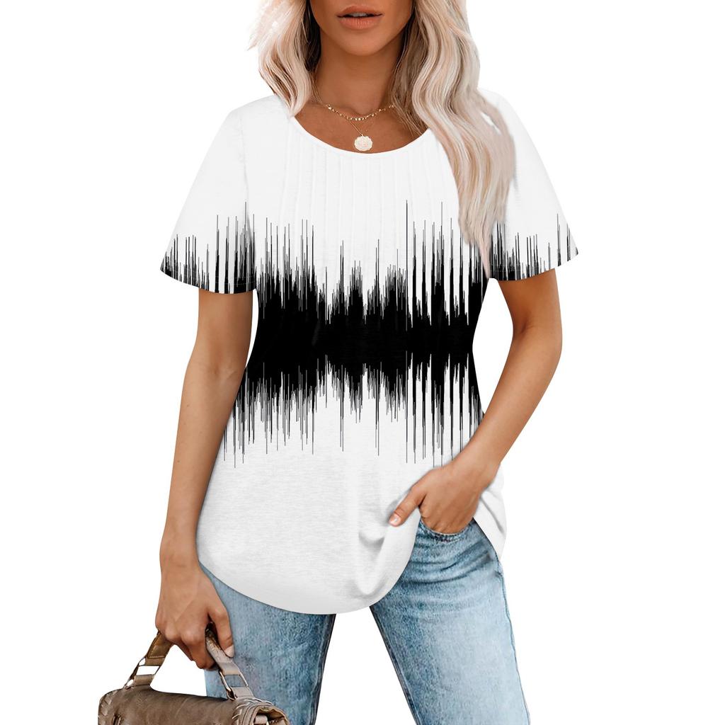 Women's Fashionable Casual Pleated Round Neck Gradient Printed Short Sleeved T-shirt Top