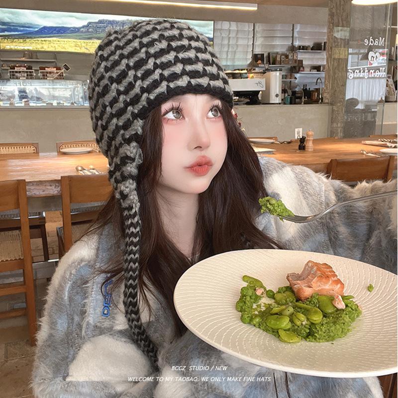 Шапка Женская Зимняя Милая и Симпатичная Девочка Утолщенные Защитники Ушей Осень и Зима Универсальная Вязаная Шапка Теплая Толстая Шерстяная Шапка