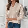 Beige V-Neck Knit Sweater with White Heart Patterns and Lace Trim