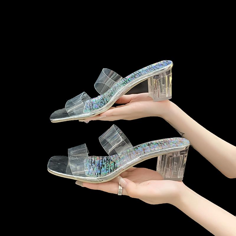 Женские тапочки с квадратной головкой, новые высококачественные летние модные прозрачные нескользящие толстые женские тапочки, большие размеры