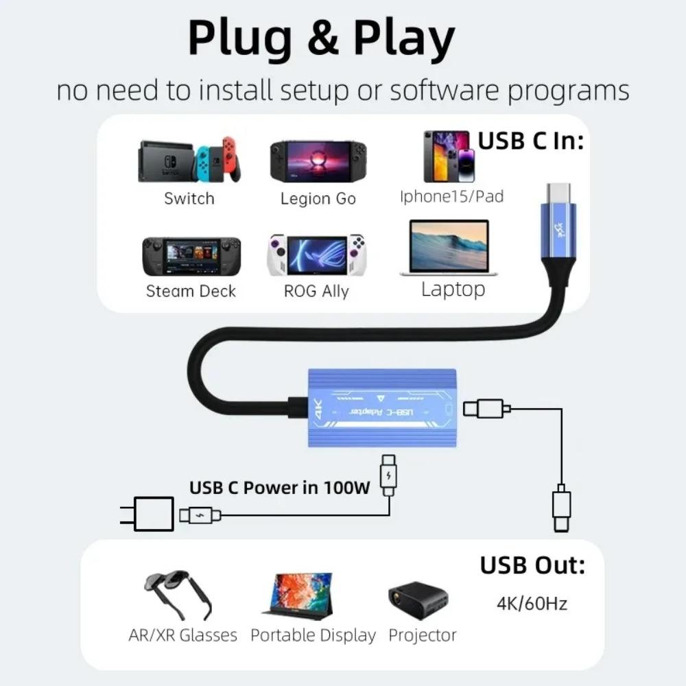 Видеоадаптер USB-C на USB-C 4K@60 Гц с поддержкой Power Delivery 100 Вт для ноутбука, Switch, к AR-очкам XREAL/VITURE One/RayNeo