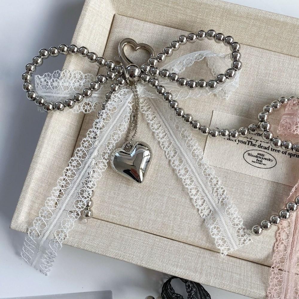 Sweet Lace Bowknot Keychain Imitation Pearls Beaded Pendant Keyring  Backpack Accessory