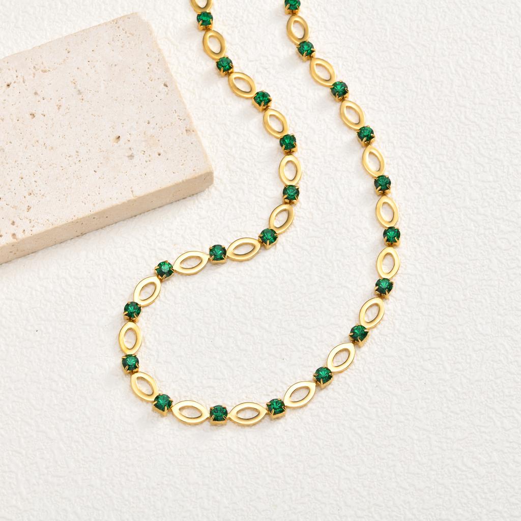 Stainless Steel Hollow Oval Chain Necklace for Women, Blue/Green/Red Zircon Adjustable Chain Bohemian Statement Jewelry Gifts