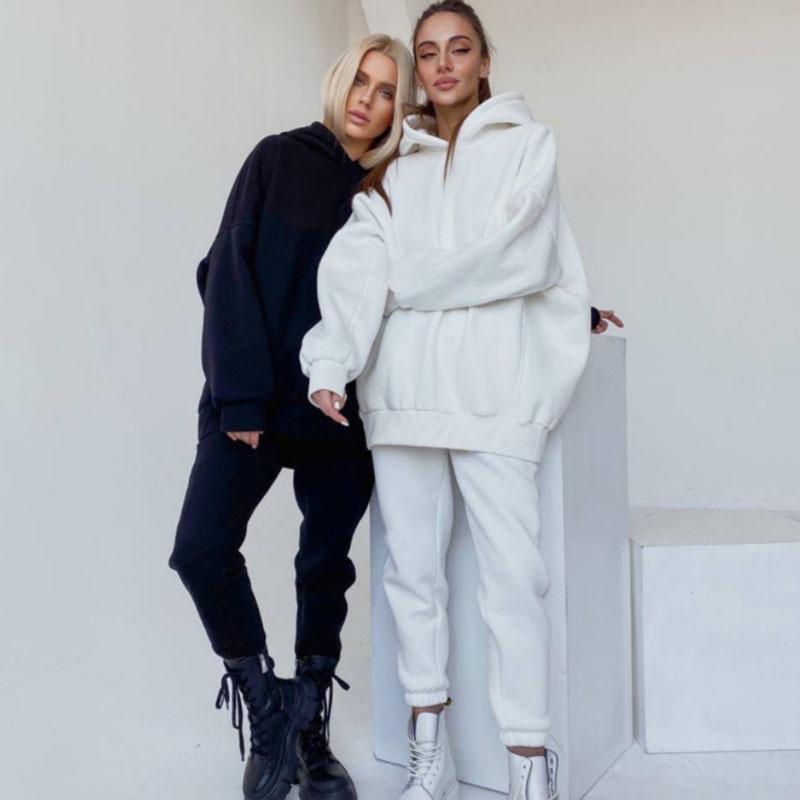 WTEMPO Женский спортивный костюм, комплект из двух предметов с флисовым капюшоном, свободные толстовки, штаны для бега, женский осенний повседневный однотонный спортивный костюм