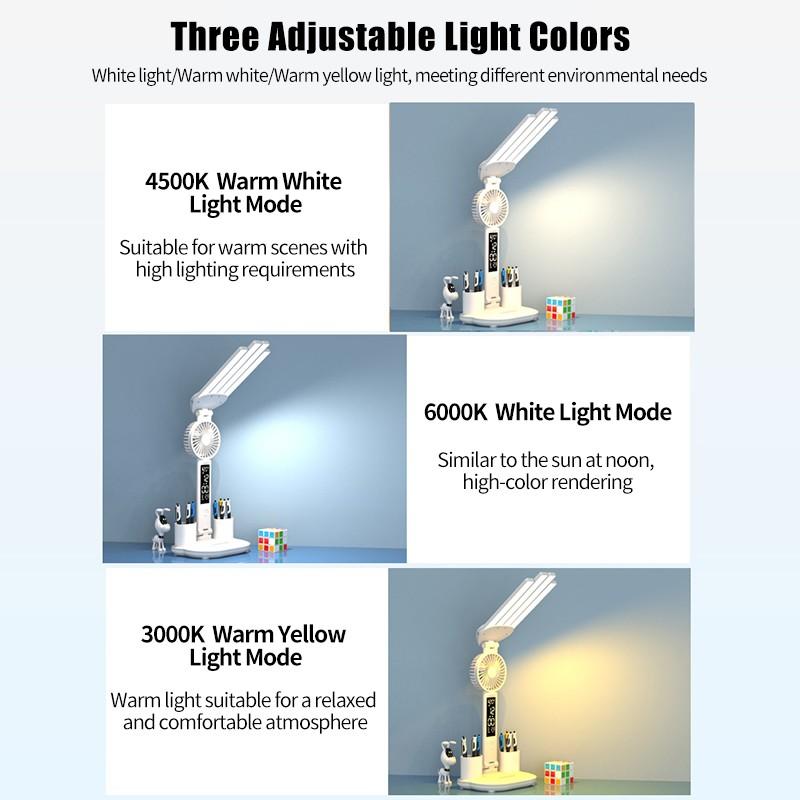 3 в 1 лампа для чтения с защитой глаз и мини-вентилятором, канцелярские принадлежности, отображение температуры/времени/даты, без мерцания, настольная лампа, подарки для студентов