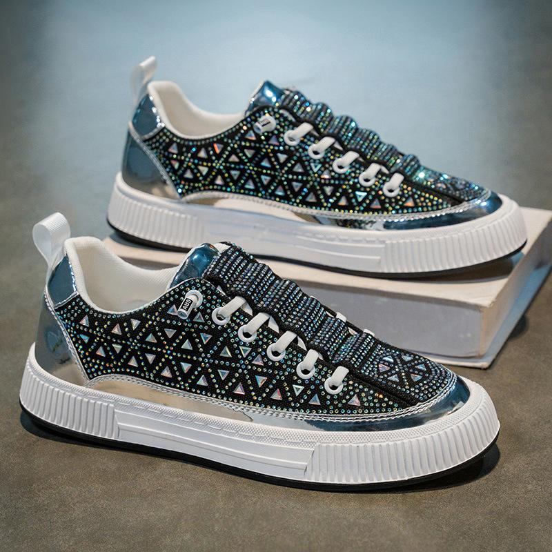 Мужская обувь класса люкс с одним педальным приводом, прямая трансляция, полностью усыпанная бриллиантами, красочная спортивная и повседневная обувь, молодежная панковская глянцевая обувь на платформе с горячими бриллиантами